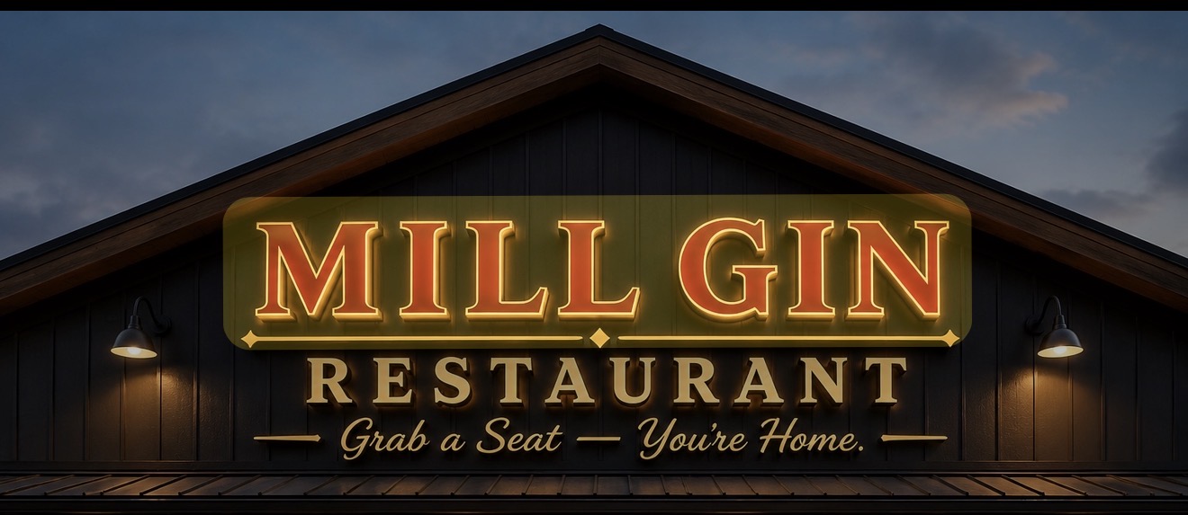 Mill Gin Restaurant exterior sign glowing above the entrance